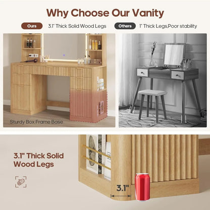 51.2" Vanity/Desk with Large 30.3" Mirror and Lights, 5 Drawer with Power Strip, 6 Open Shelves, 2 Cabinet