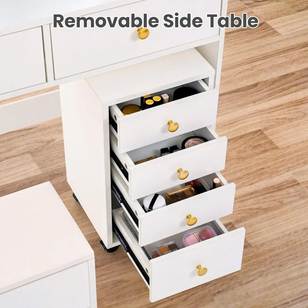 3-Piece Vanity/Desk with Upgraded Silent Slides, Movable Storage Cabinet, Golden Handles, 8 Drawers