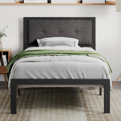 King Size Platform Bed Frame with Upholstered Headboard, Metal Slats Support, Noise Free