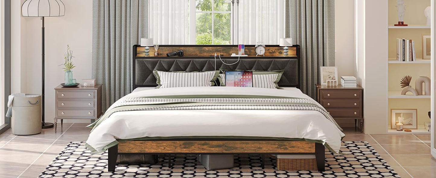 Twin/TwinXL/Full/Queen/King/CaliforniaKing Bed Frames, Storage Headboard with Outlets, No Noise, No Box Springs Needed
