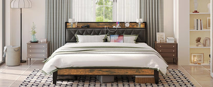 Twin/TwinXL/Full/Queen/King/CaliforniaKing Bed Frames, Storage Headboard with Outlets, No Noise, No Box Springs Needed